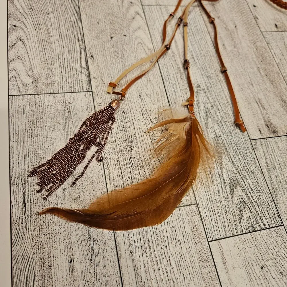 Ettika Leather Braided Necklace with Feather & Tassel Boho Southwestern Festival